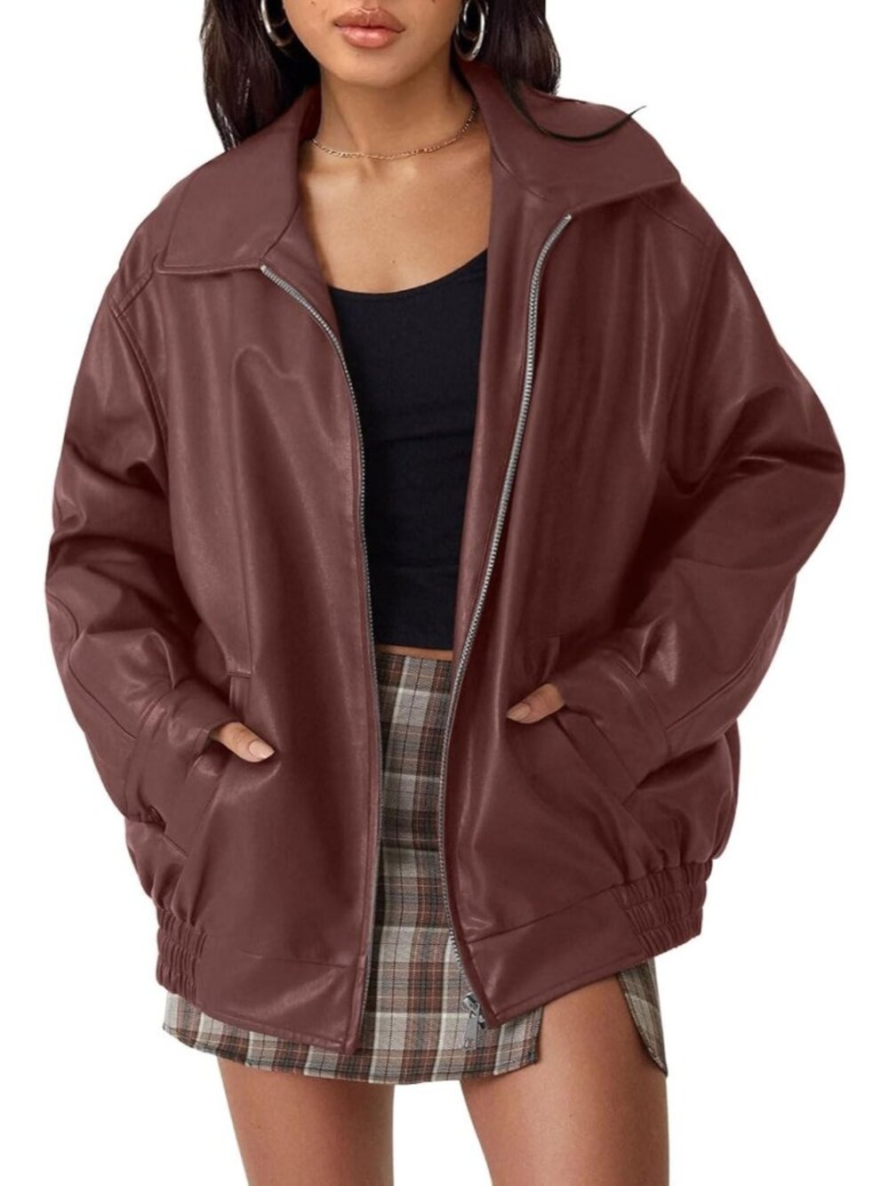 〽️Women’s Wine Red Oversized Faux Leather ZIP Up Motorcycle Fall Winter Jackets